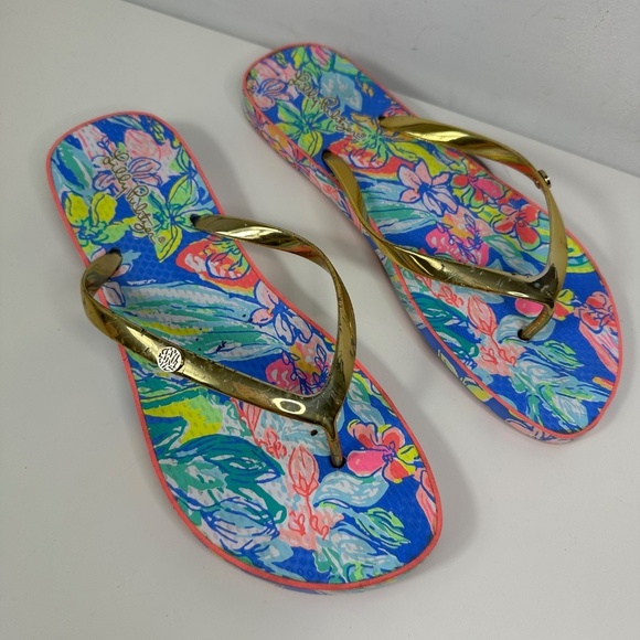 Lilly Pulitzer Flip Flops Women 9/10 Gold Straps w/Pink & Blue - Picture 5 of 14